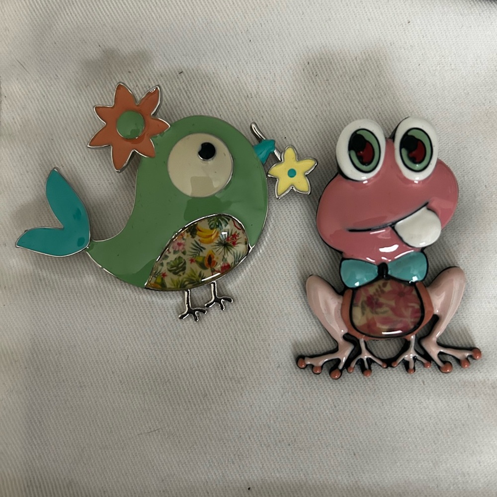 Bird and Frog enamel pins